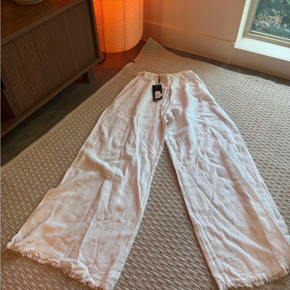 White Fringe Hem Cotton Linen Flare Pant
